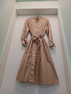 Vintage 60s Saks Fifth Avenue Aqua Sheen Tan/Gold Belted Raincoat Trench Sz M